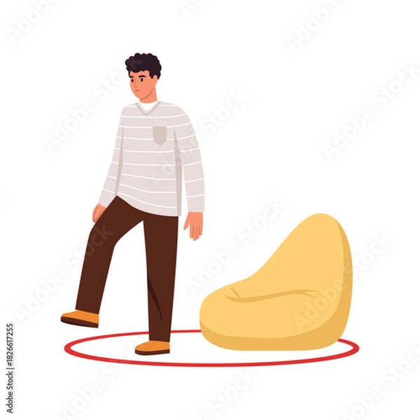 Obraz Vector illustration of getting out of comfort zone. Cartoon scene, young guy with curly hair, wearing striped t-shirt, pants, coming out of a closed red circle, soft chair, isolated on white