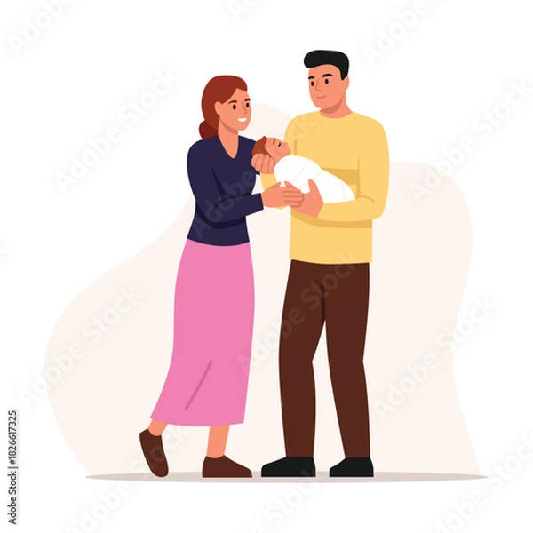 Obraz Vector illustration happy parenthood. Cartoon scene, joyful, smiling dad and mom holding, hugging newborn baby in arms isolated on white background. Loving young family. Caring attitude about babies.