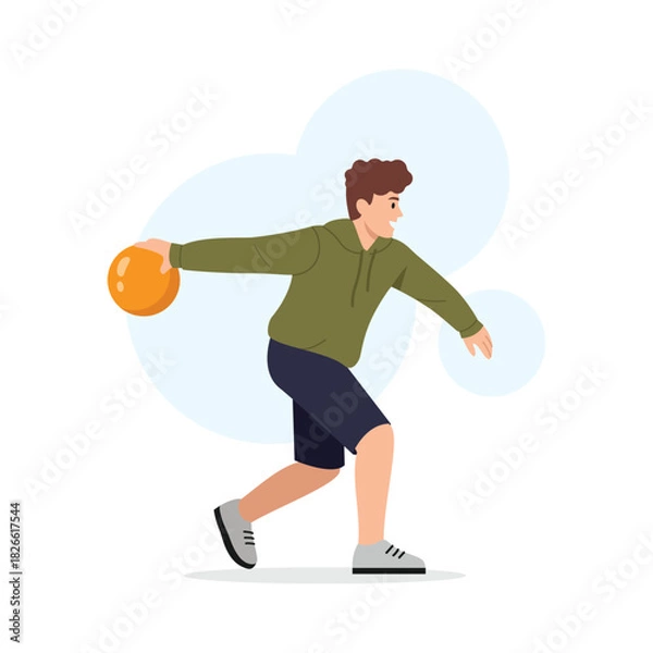 Obraz Vector illustration of bowling game. Cartoon scene of cheerful boy with curly hair, dressed in hoodie, shorts, sneakers, holding yellow bowling ball to hit the pins isolated on white background.