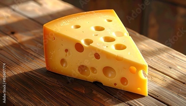Obraz Isolated closeup of a fresh yellow dairy Emmental cheese piece on a wooden board