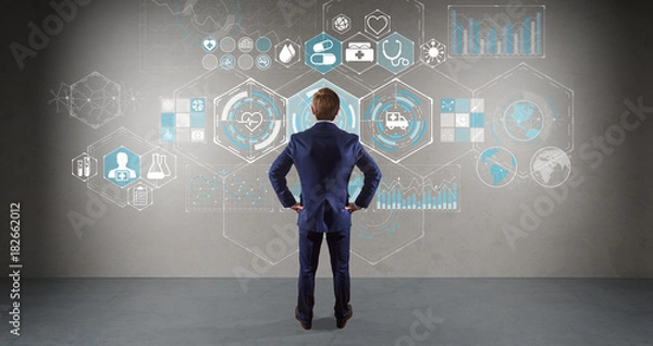 Fototapeta Businessman watching medical interface on a wall 3D rendering