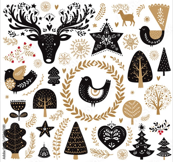 Obraz Black and gold illustration with decorative elements in Scandinavian style