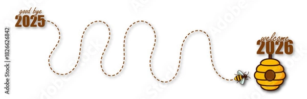 Fototapeta New Year 2026 Transition - Goodbye 2025 Welcome 2026 - Cute Bee Flying to Hive - Dashed Line Path - Holiday Journey Concept - Vector Illustration - Celebration Background