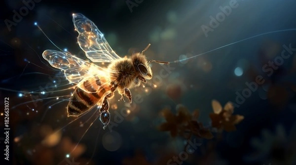 Fototapeta Luminous bee in flight, surrounded by light and soft foliage in dreamy scene