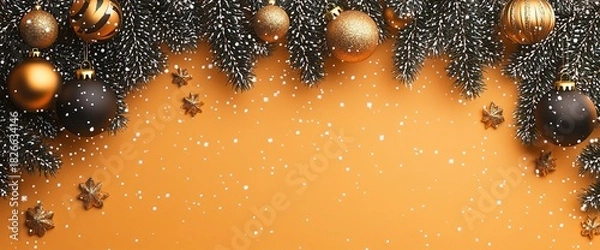Obraz christmas background with black pine branches, golden christmas ornaments, snowflakes on an orange background, wide banner for web design or presentation of holiday promotion, advertising