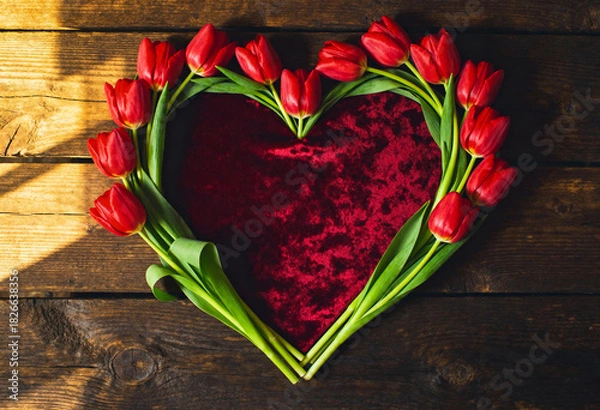 Fototapeta Tulips forming heart shape on dark wooden background, perfect for a Valentines Day or mothers day greeting card design