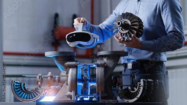 Obraz Male engineer using vr technology to inspect industrial machinery in a factory setting