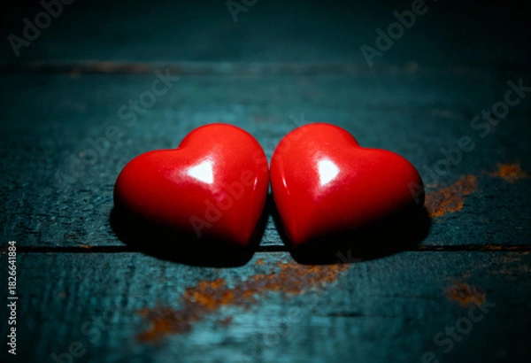Fototapeta Two glossy red heart shapes rest side-by-side on dark rustic wooden surface, symbolizing deep love and affection