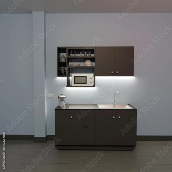 Fototapeta Modern compact built-in kitchen with open shelves, a microwave, and a clean sink area. Soft LED lighting enhances the minimalist look. This 3D render, created in blender, is ideal for interior design.