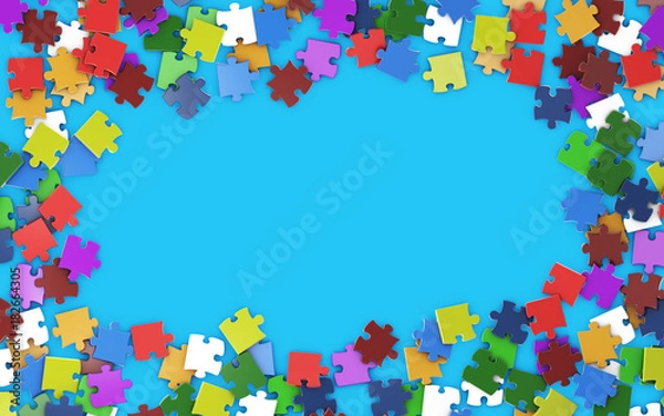 Fototapeta Marco de piezas de puzzle con fondo azul