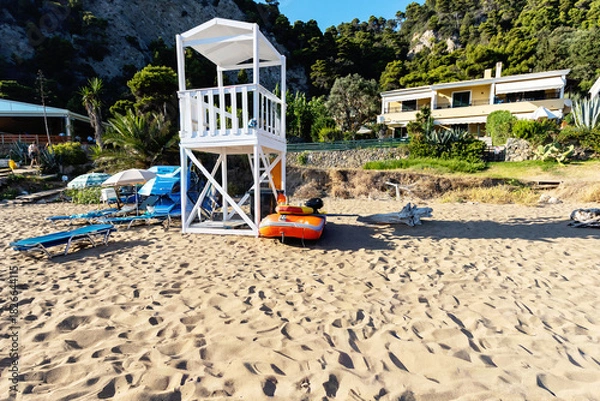 Obraz Lifeguard tower and beach resort on a sandy Mediterranean coast