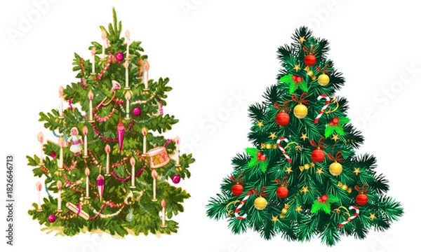 Fototapeta PNG image of  Two christmas trees decorated with ornaments and lights in a festive holiday celebration scene