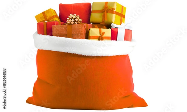 Fototapeta PNG image of  An orange sack filled with colorful christmas presents and topped with white fluffy trim visible
