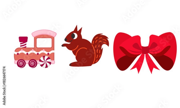 Fototapeta PNG image of  A cartoon train, a squirrel, and a red bow isolated on a black solid color background design space