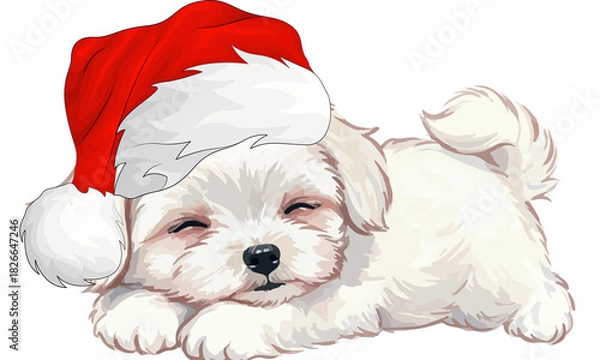 Fototapeta PNG image of  A sleeping white puppy wearing a red and white santa hat laying down on a white background art style