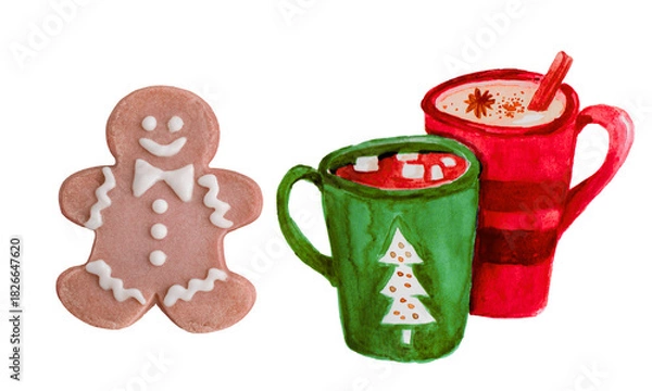 Fototapeta PNG image of A gingerbread man cookie with two mugs of hot chocolate on a black isolated background art style