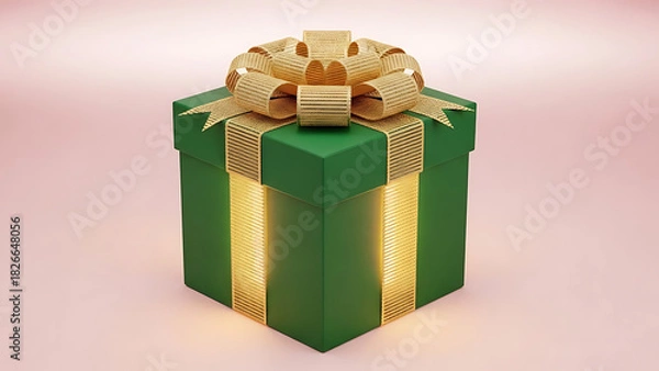 Fototapeta Green gift box with gold ribbon and bow on light pink background