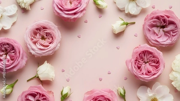 Obraz Beautiful pink roses and small hearts on soft pastel background, romantic floral flat lay for Valentine’s Day, wedding, or love celebration concept