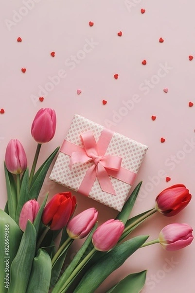Obraz Pink tulip flowers and romantic gift box with ribbon on pastel background, love, spring, and Valentine’s Day floral holiday greeting concept flat lay