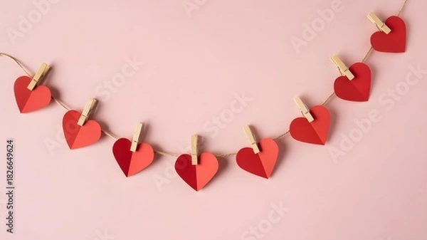 Obraz Valentine’s day decoration with red paper heart garland on pink background, romantic love celebration and handmade craft concept design