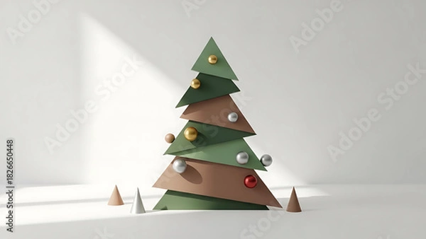 Fototapeta Minimalist paper craft christmas tree decoration with small ornament