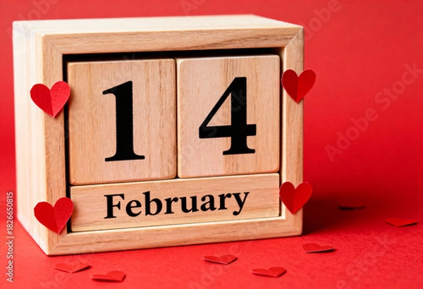 Fototapeta Wooden calendar displaying February 14 surrounded by red paper hearts, symbolizing Valentines Day holiday poster
