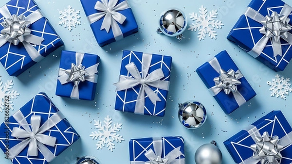 Fototapeta Top view of blue christmas gift box with silver ribbon and ornament