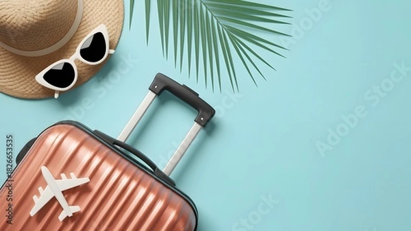 Obraz Summer vacation travel concept with suitcase, straw hat, and palm leaves on blue background for tropical holiday trip and adventure planning design