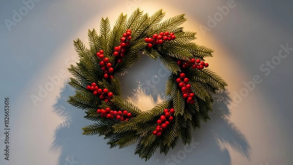 Fototapeta Christmas wreath with red berry decoration hanging on a wall