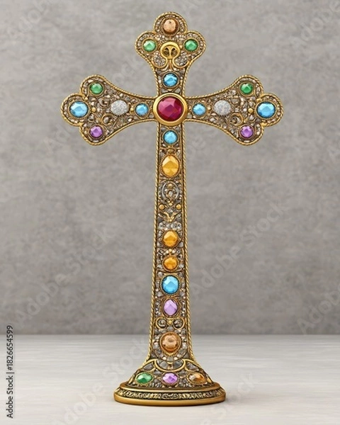 Fototapeta Detailed Golden Cross Adorned with Multicolored Gems on Gray Background Featuring Intricate Filigree Design and Spiritual Significance