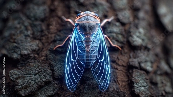 Obraz Neon glow outline of cicada resting on citrus bark surface, stylized glowing silhouette with bark texture detail in macro night environment