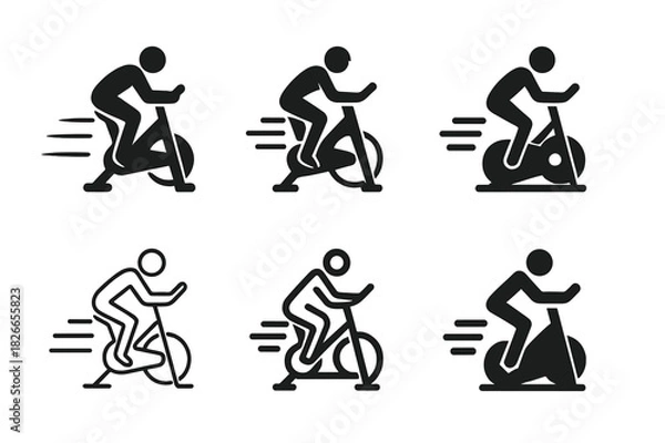 Fototapeta Indoor Cycling Icons. A person practicing indoor cycling, focused on endurance and intensity. Icon set. Set Logo of A person practicing indoor cycling, focused