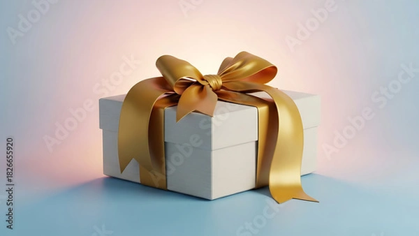 Fototapeta A white gift box with a shiny gold ribbon and bow on a blue surface