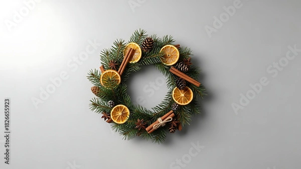 Fototapeta Christmas wreath with dried orange slice and cinnamon stick