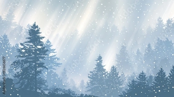 Fototapeta Vector illustration of snow-covered landscape, pine trees and falling snowflakes, creating a serene and peaceful winter scenery atmosphere. Ideal for winter-themed creative projects and designs.