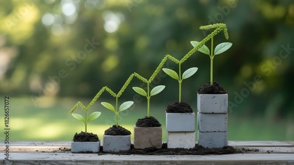 Obraz Green plant seedlings growing in ascending order symbolizing financial growth, sustainability, business development, success, and investment concept