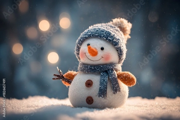 Fototapeta Cozy cheerful snowman with scarf and hat surrounded by snow under soft winter light holiday illustration scene snowman of snow