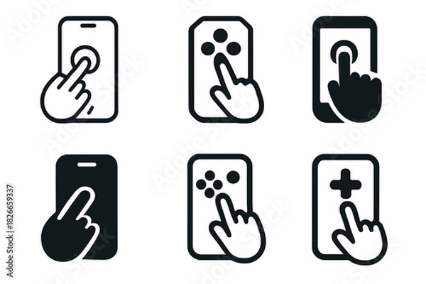 Fototapeta Mobile Gaming Icons. Playing a mobile game on the go. Icon set. Set Logo of mobile gaming: smartphone with touch gestures. harmonious logo variations of the