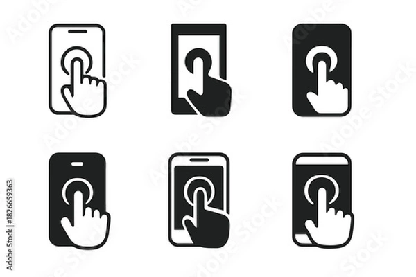 Fototapeta Mobile Gaming Icons. Playing a mobile game on the go. Icon set. Set Logo of mobile gaming: smartphone with touch gestures. harmonious logo variations of the