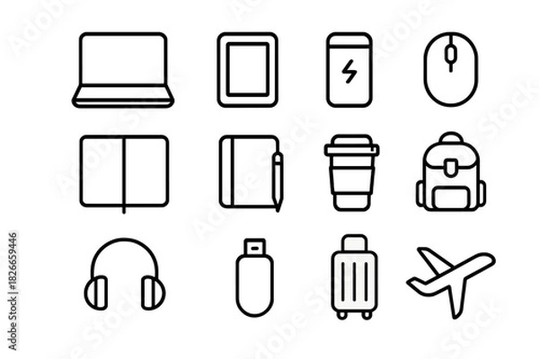 Fototapeta Mobile Office Essentials. Mobile Office. Line icon set of Mobile Office: laptop, tablet, power bank, portable mouse, notebook, pen, coffee cup, backpack,