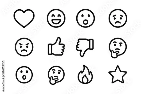 Fototapeta Monochrome Emoji Icons. Mixed reactions. Line icon set of mixed reactions: love, laugh, wow, sad, angry, thumbs up, thumbs down, clapping, surprised face,