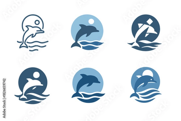 Fototapeta Moonlit Marine Icons. Marine life under moonlit waters. Icon set. Set Logo of marine life under moonlit waters: dolphin under full moon. harmonious logo