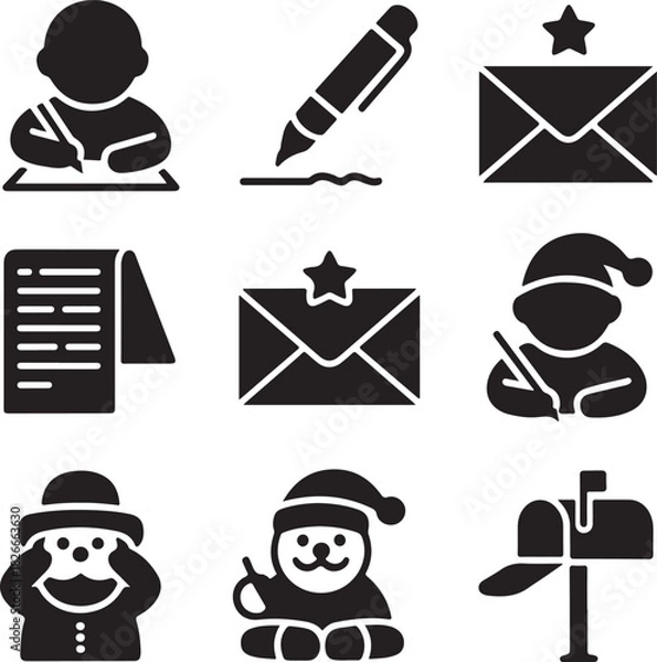 Fototapeta Writing icons, letter mail, envelope message, pen signature, mailbox post, author notes