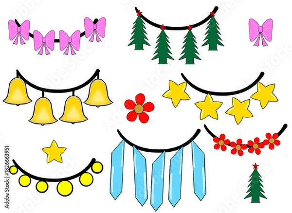 Obraz Christmas tree set featuring decorated and plain evergreen trees with stars, presenting festive holiday designs