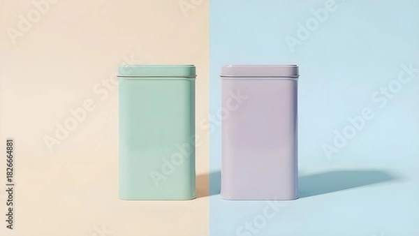 Fototapeta Symmetric dual mint tin cans in soft pastel studio