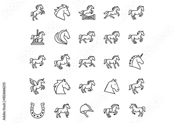 Fototapeta 25 Vector Horse Icons: Equestrian Line Art Collection, Black and White Horse Silhouette & Line Icons Pack, Unique Equine Symbols: Minimalist Vector Icon Set