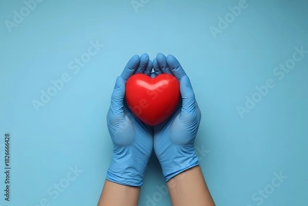 Obraz Doctor hands in blue gloves gently holding red heart on blue background, healthcare compassion support and medical care concept image