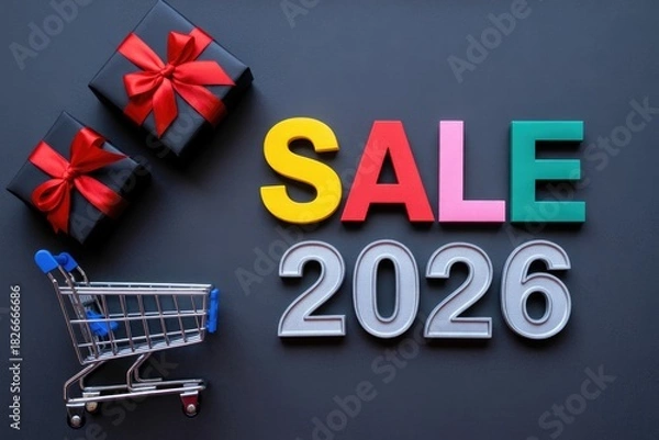Obraz 2026 Holiday Sale Promotion with Colorful Letters Gift Boxes and Silver Numbers