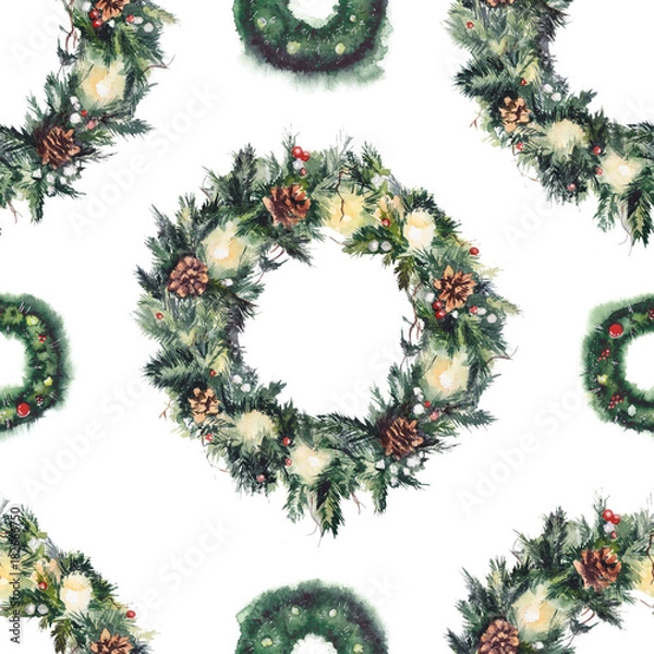 Obraz Seamless Christmas pattern with green fir-tree wreaths. Original hand drawn watercolor painting.
