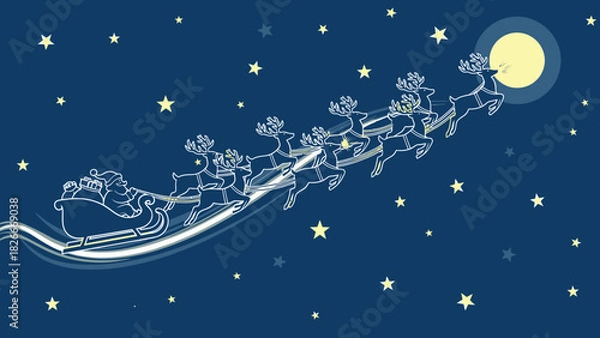 Fototapeta Santa Claus and his reindeer flying through the night sky with a full moon.